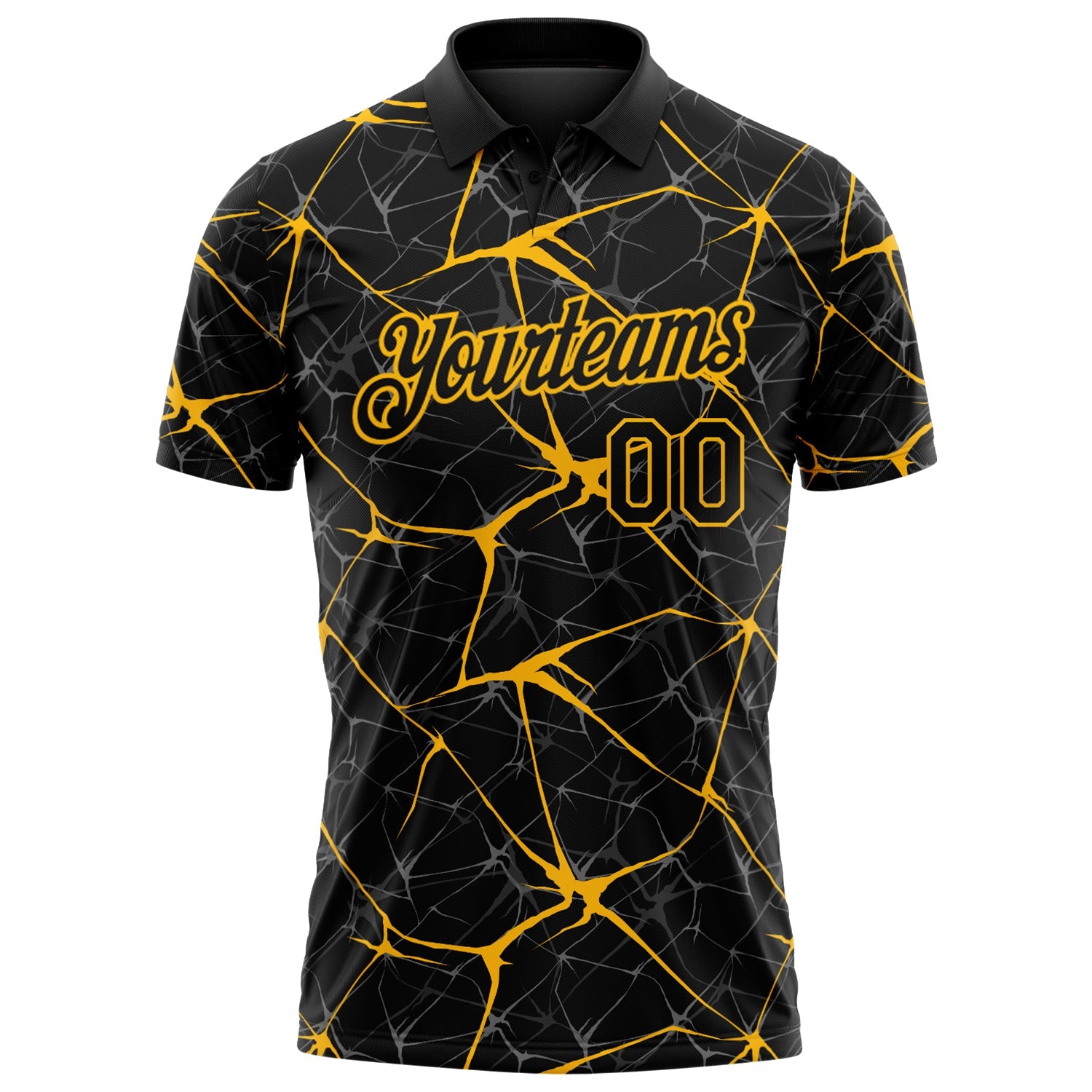 Custom Black-Gold 3D Pattern Abstract Network Crackle Performance Polo Shirt view 2