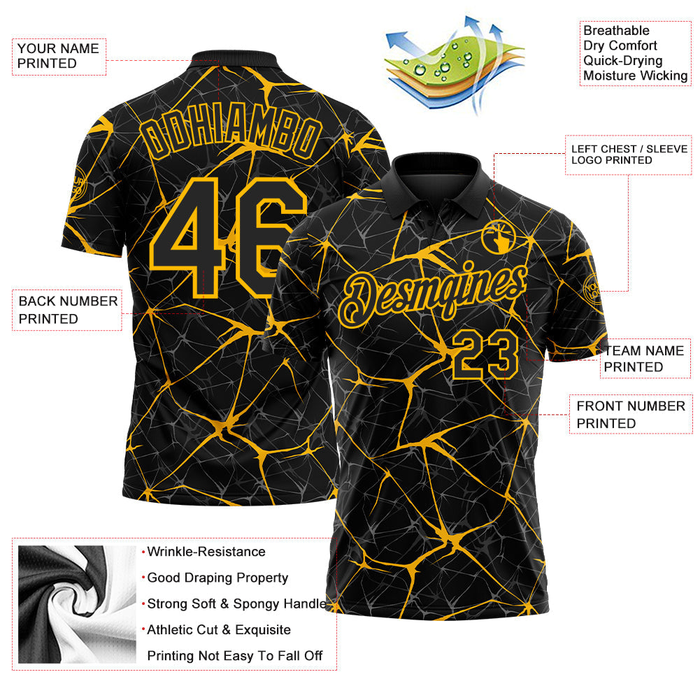 Custom Black-Gold 3D Pattern Abstract Network Crackle Performance Polo Shirt view 3