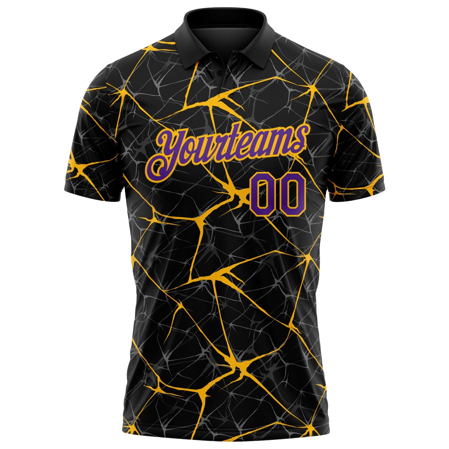 Custom Black Purple-Gold 3D Pattern Abstract Network Crackle Performance Polo Shirt view 2