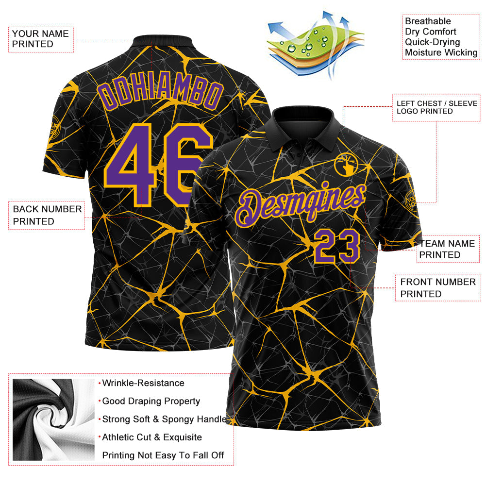 Custom Black Purple-Gold 3D Pattern Abstract Network Crackle Performance Polo Shirt view 3