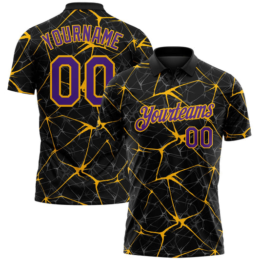 Custom Black Purple-Gold 3D Pattern Abstract Network Crackle Performance Polo Shirt - Main View