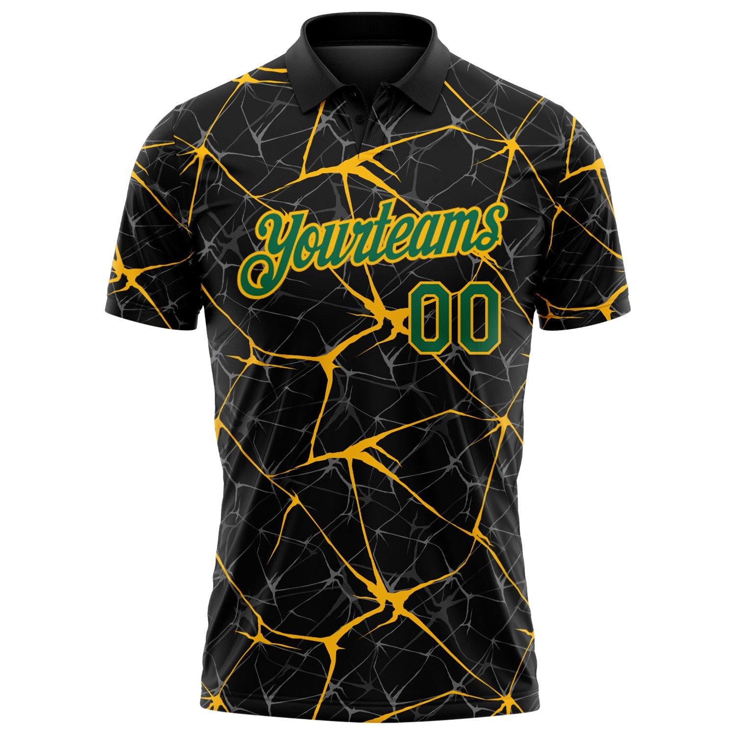 Custom Black Kelly Green-Gold 3D Pattern Abstract Network Crackle Performance Polo Shirt view 2