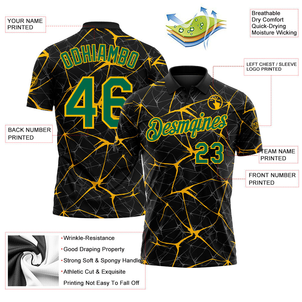 Custom Black Kelly Green-Gold 3D Pattern Abstract Network Crackle Performance Polo Shirt view 3