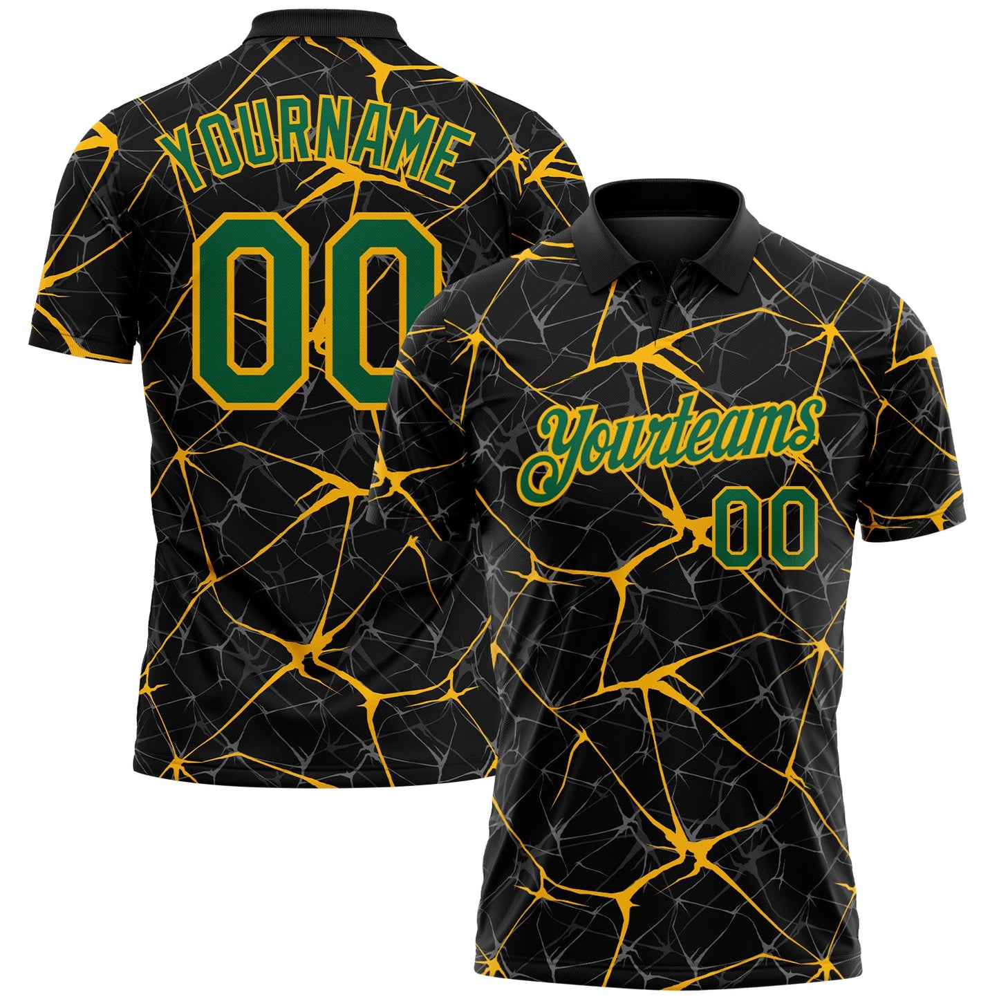 Custom Black Kelly Green-Gold 3D Pattern Abstract Network Crackle Performance Polo Shirt - Main View