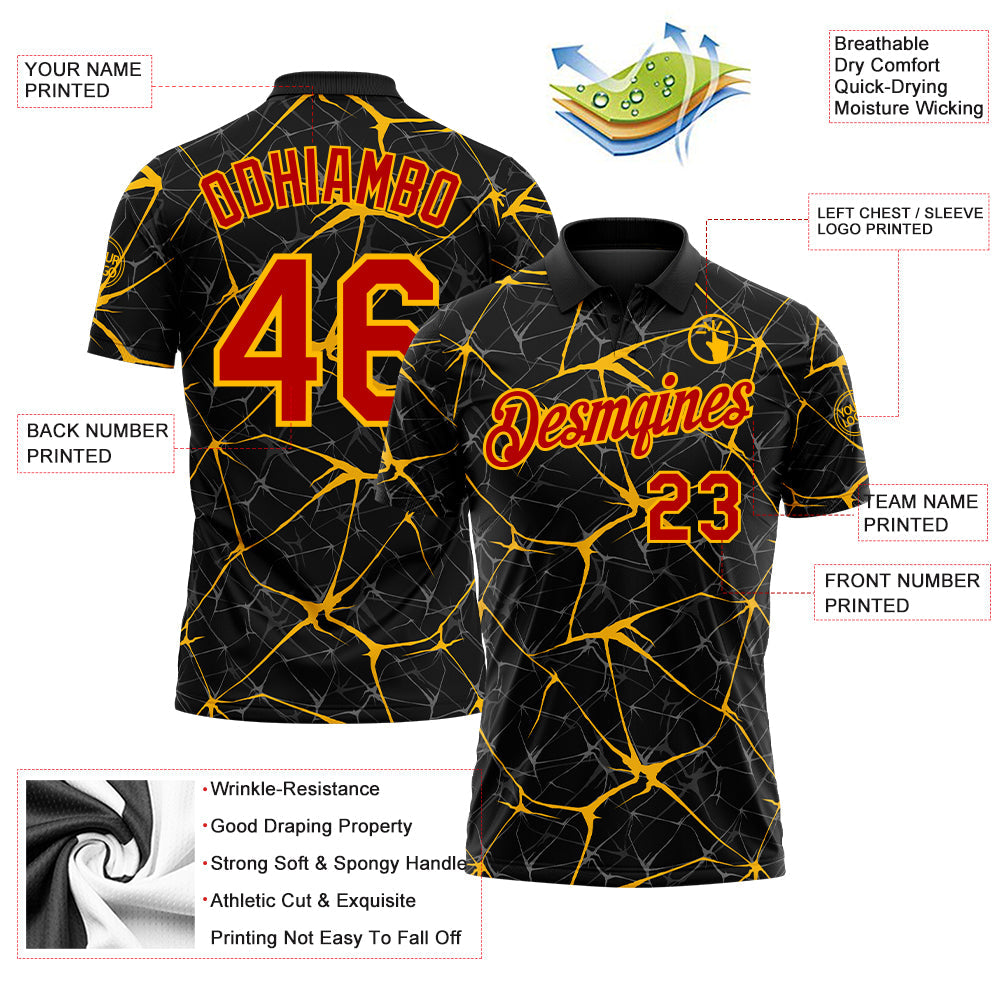 Custom Black Red-Gold 3D Pattern Abstract Network Crackle Performance Polo Shirt view 3