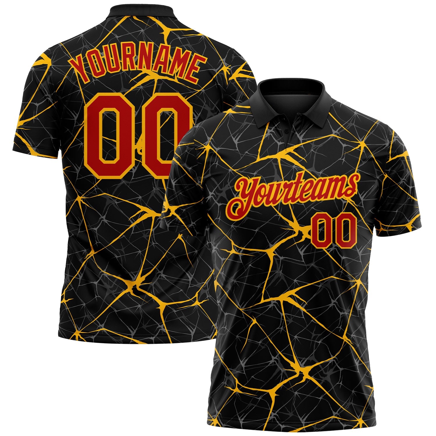 Custom Black Red-Gold 3D Pattern Abstract Network Crackle Performance Polo Shirt - Main View