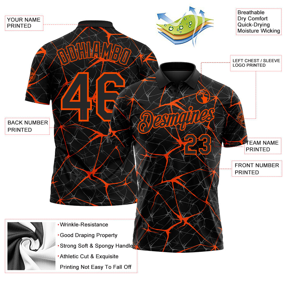 Custom Black-Orange 3D Pattern Abstract Network Crackle Performance Polo Shirt view 3