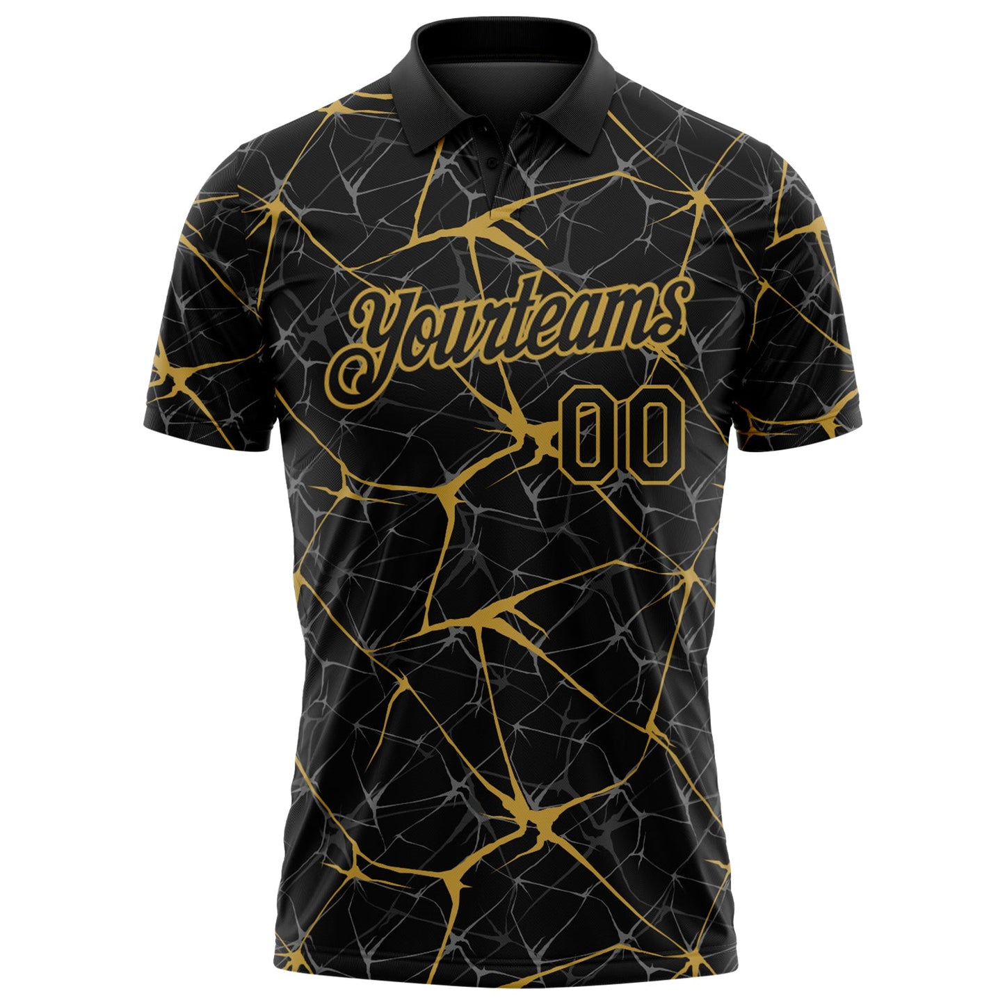 Custom Black-Old Gold 3D Pattern Abstract Network Crackle Performance Polo Shirt view 2