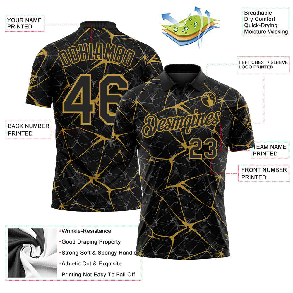 Custom Black-Old Gold 3D Pattern Abstract Network Crackle Performance Polo Shirt view 3
