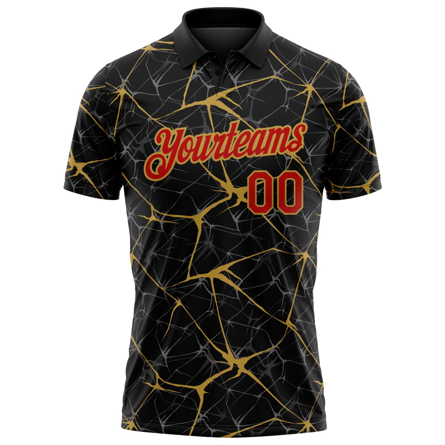 Custom Black Red-Old Gold 3D Pattern Abstract Network Crackle Performance Polo Shirt view 2