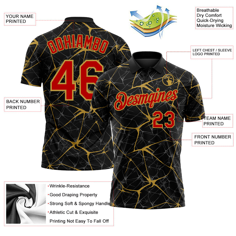 Custom Black Red-Old Gold 3D Pattern Abstract Network Crackle Performance Polo Shirt view 3