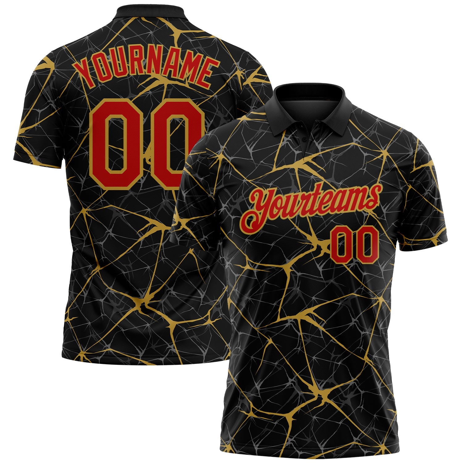 Custom Black Red-Old Gold 3D Pattern Abstract Network Crackle Performance Polo Shirt - Main View