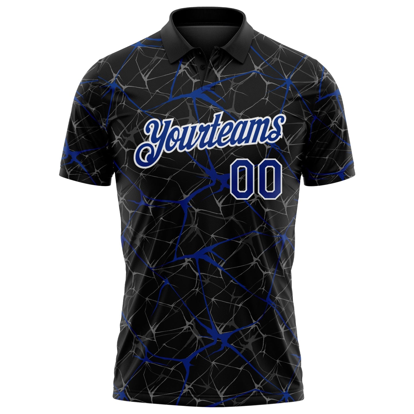 Custom Black Royal-White 3D Pattern Abstract Network Crackle Performance Polo Shirt view 2