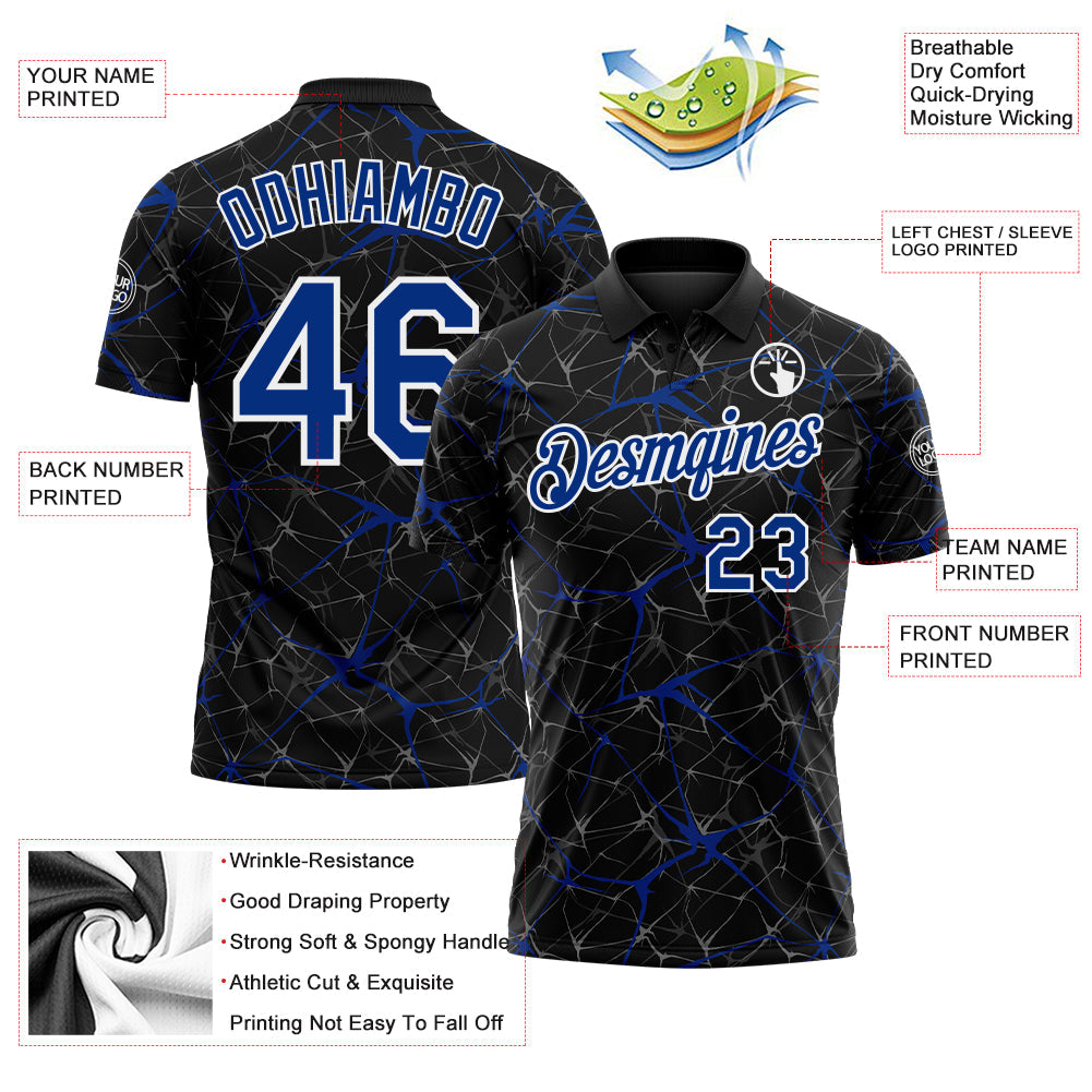 Custom Black Royal-White 3D Pattern Abstract Network Crackle Performance Polo Shirt view 3