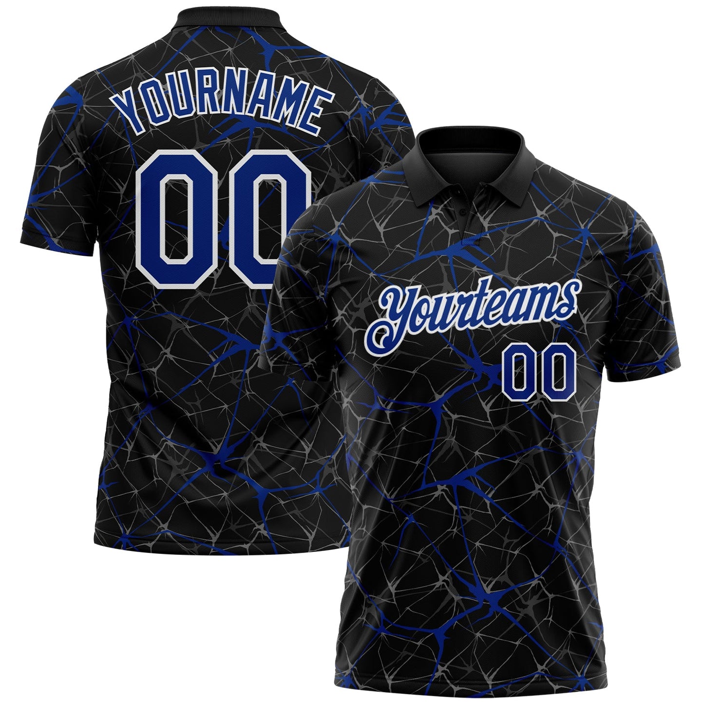 Custom Black Royal-White 3D Pattern Abstract Network Crackle Performance Polo Shirt - Main View