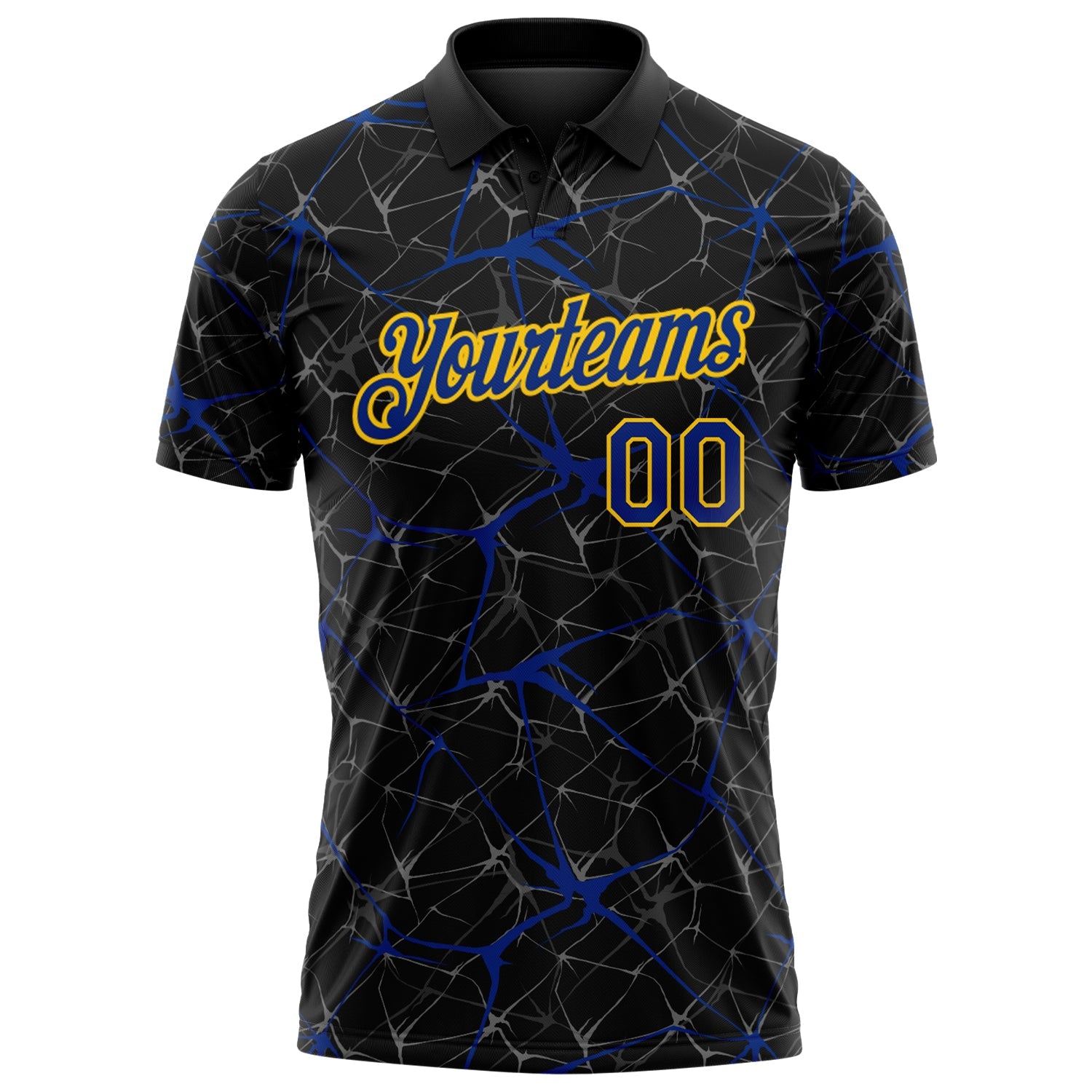 Custom Black Royal-Yellow 3D Pattern Abstract Network Crackle Performance Polo Shirt view 2