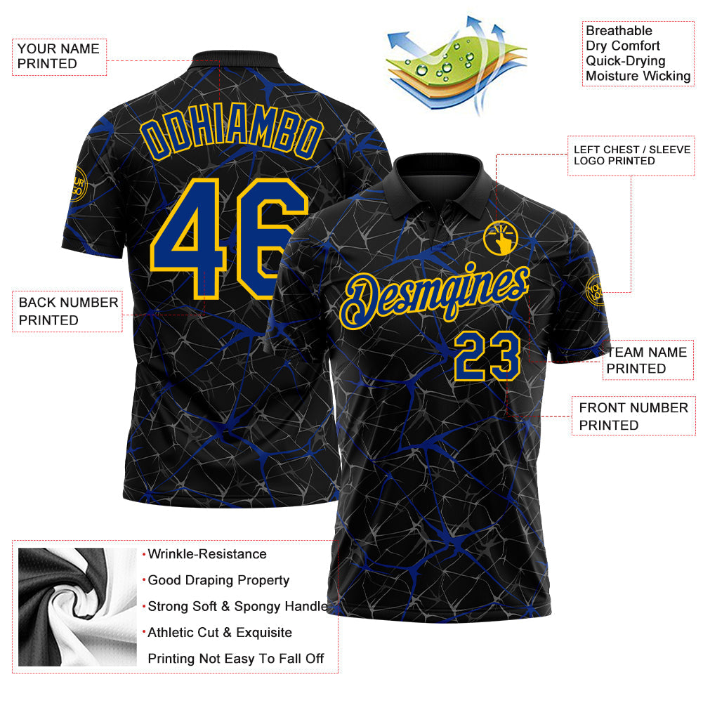 Custom Black Royal-Yellow 3D Pattern Abstract Network Crackle Performance Polo Shirt view 3
