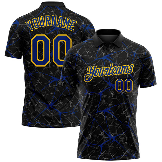 Custom Black Royal-Yellow 3D Pattern Abstract Network Crackle Performance Polo Shirt - Main View