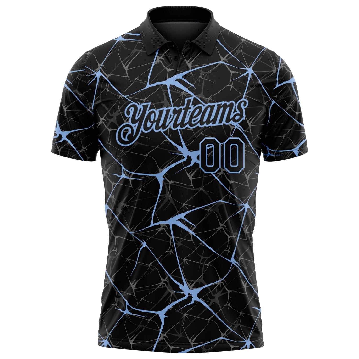 Custom Black-Light Blue 3D Pattern Abstract Network Crackle Performance Polo Shirt view 2