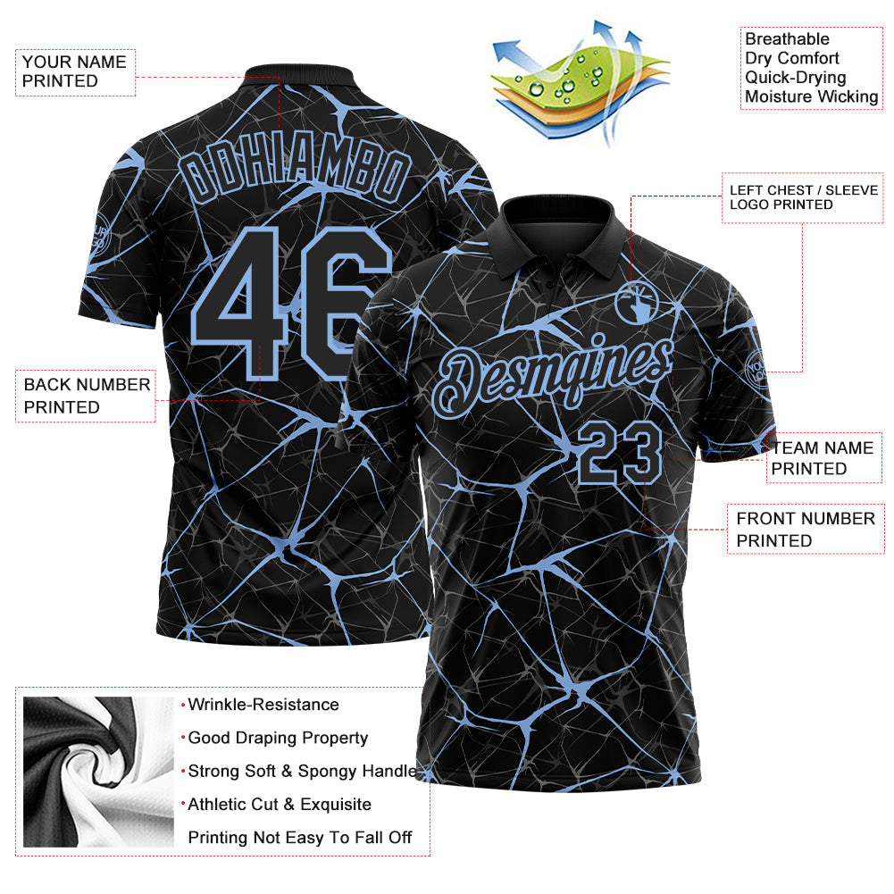 Custom Black-Light Blue 3D Pattern Abstract Network Crackle Performance Polo Shirt view 3