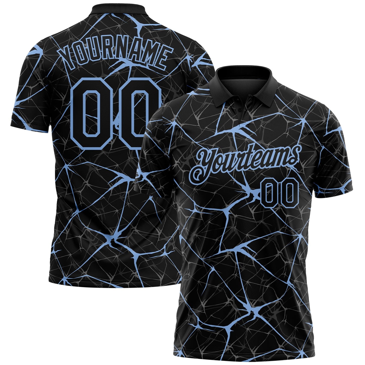 Custom Black-Light Blue 3D Pattern Abstract Network Crackle Performance Polo Shirt - Main View