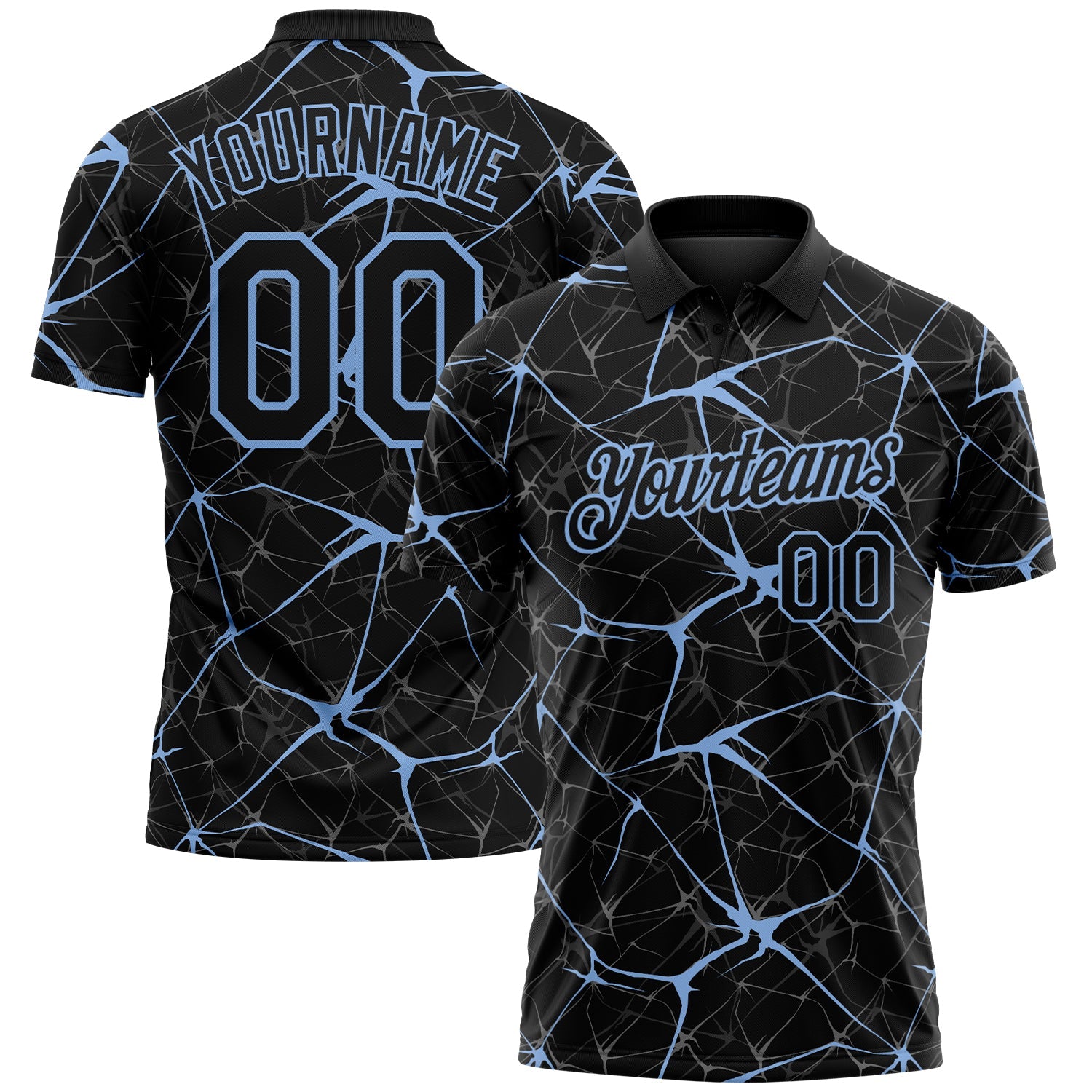 Custom Black-Light Blue 3D Pattern Abstract Network Crackle Performance Polo Shirt - Main View