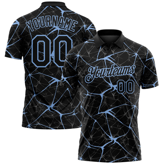Custom Black-Light Blue 3D Pattern Abstract Network Crackle Performance Polo Shirt - Main View