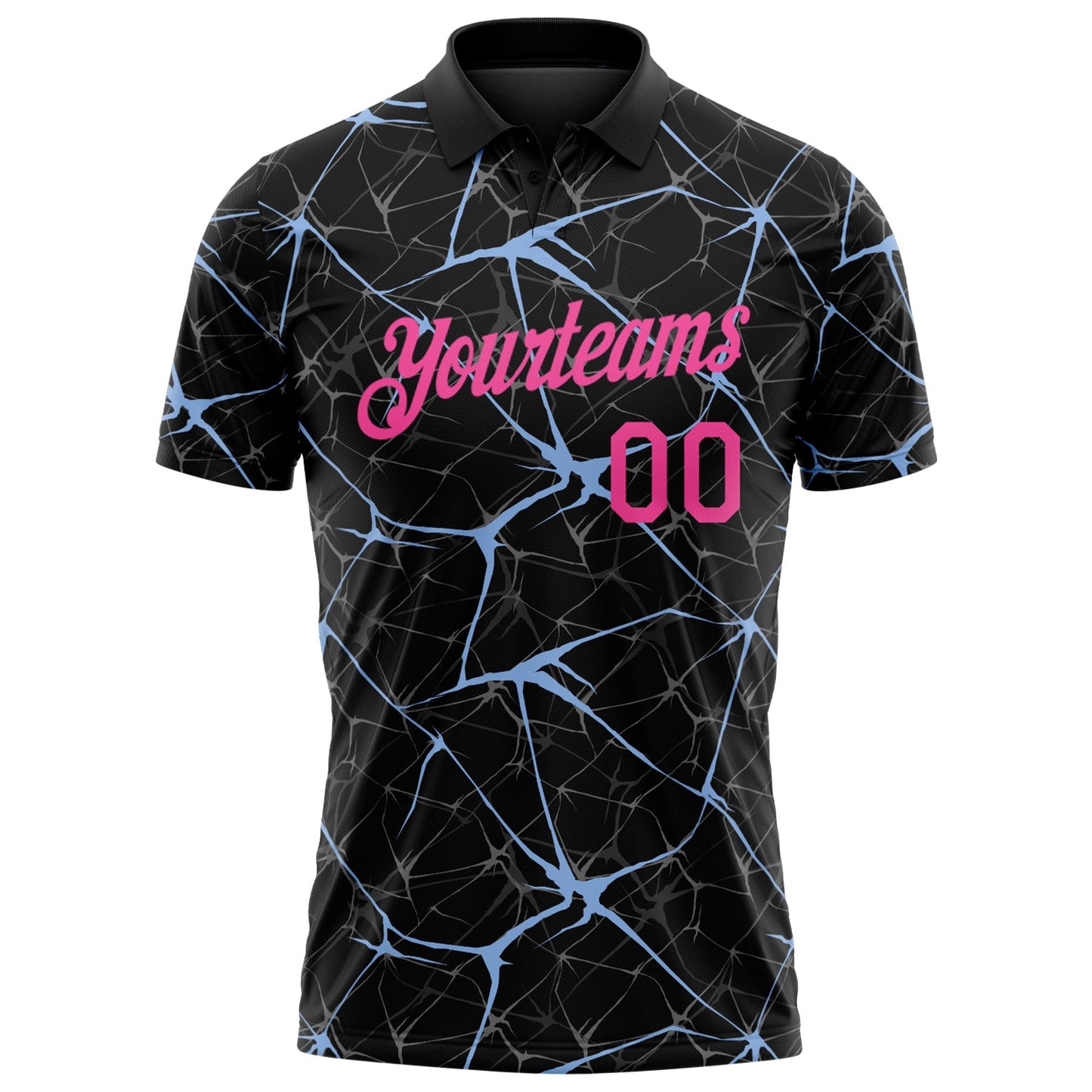 Custom Black Pink-Light Blue 3D Pattern Abstract Network Crackle Performance Polo Shirt view 2