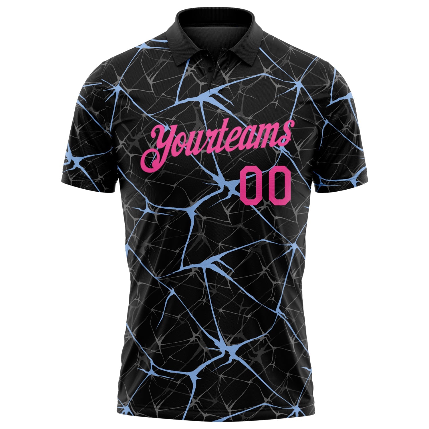 Custom Black Pink-Light Blue 3D Pattern Abstract Network Crackle Performance Polo Shirt view 2