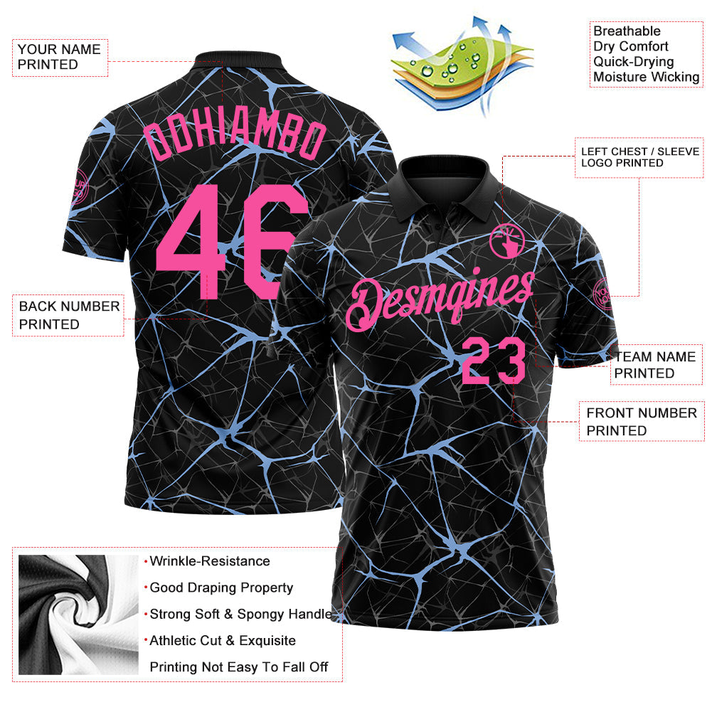 Custom Black Pink-Light Blue 3D Pattern Abstract Network Crackle Performance Polo Shirt view 3