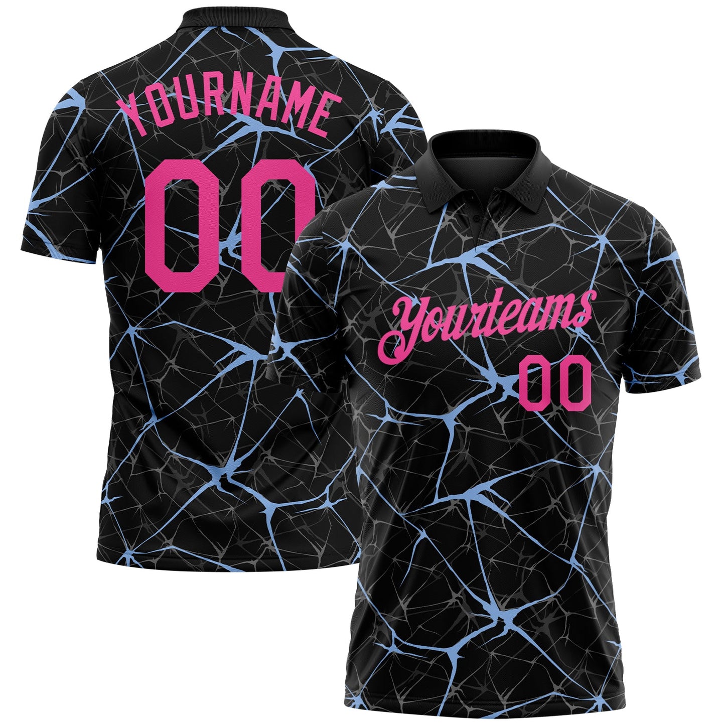 Custom Black Pink-Light Blue 3D Pattern Abstract Network Crackle Performance Polo Shirt - Main View