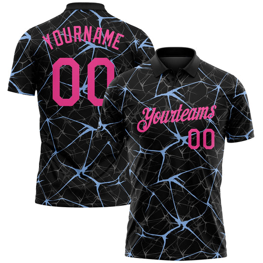 Custom Black Pink-Light Blue 3D Pattern Abstract Network Crackle Performance Polo Shirt - Main View
