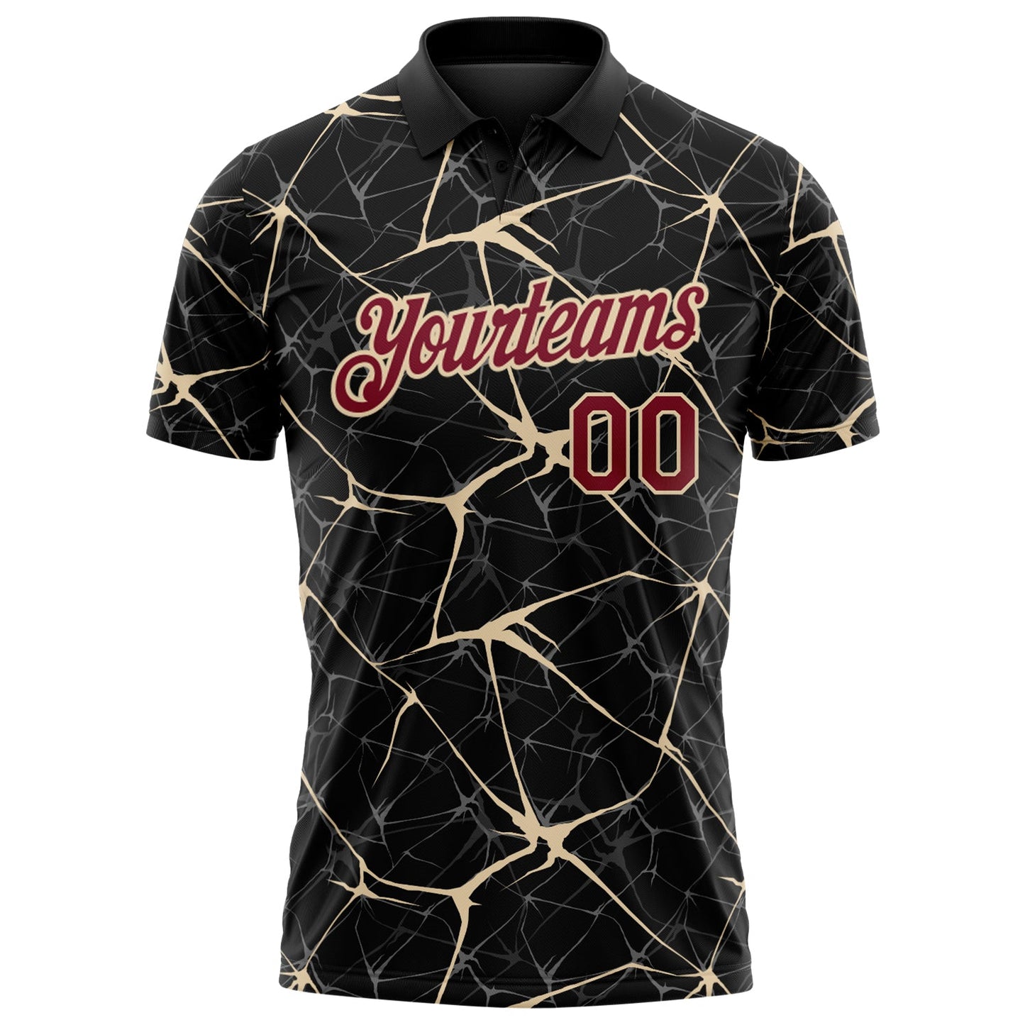 Custom Black Crimson-City Cream 3D Pattern Abstract Network Crackle Performance Polo Shirt view 2
