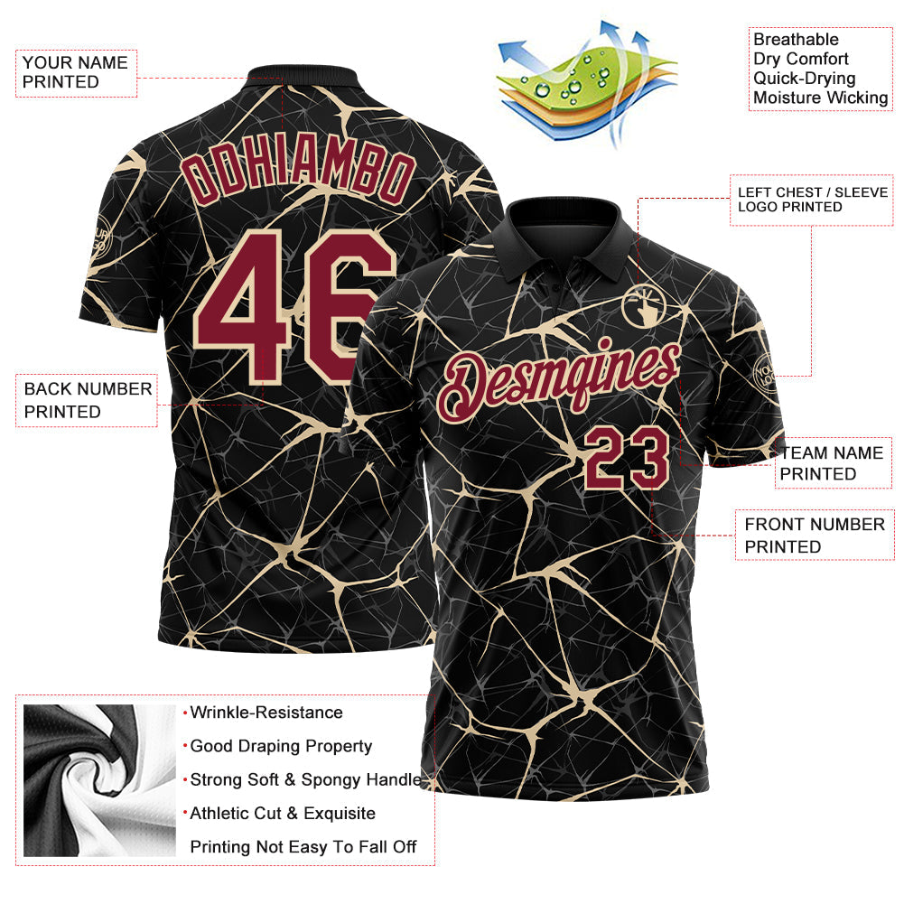 Custom Black Crimson-City Cream 3D Pattern Abstract Network Crackle Performance Polo Shirt view 3