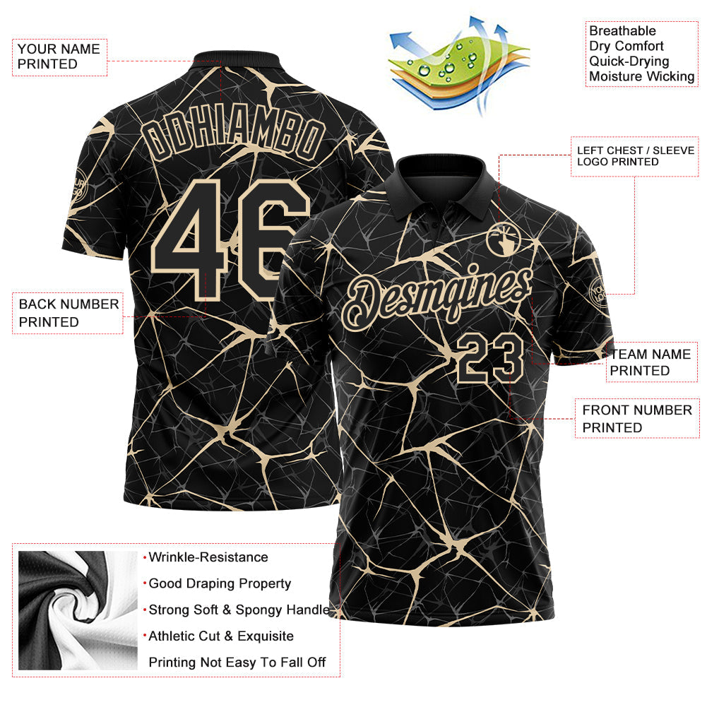 Custom Black-City Cream 3D Pattern Abstract Network Crackle Performance Polo Shirt view 3