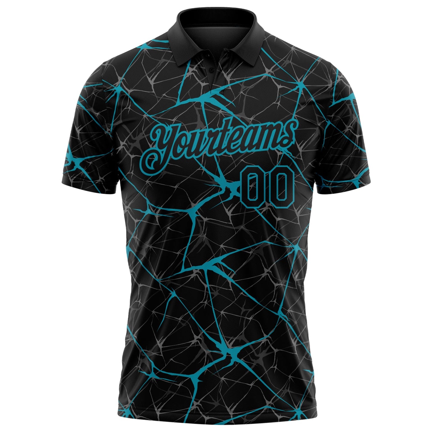 Custom Black-Teal 3D Pattern Abstract Network Crackle Performance Polo Shirt view 2
