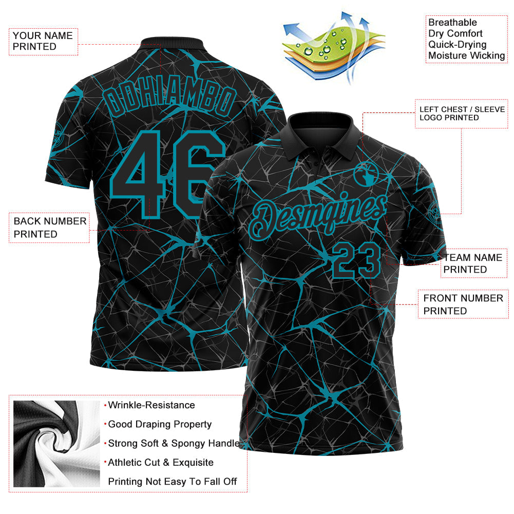 Custom Black-Teal 3D Pattern Abstract Network Crackle Performance Polo Shirt view 3