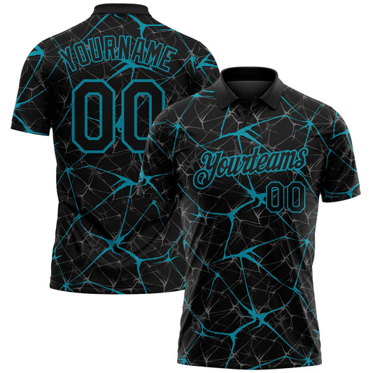 Custom Black-Teal 3D Pattern Abstract Network Crackle Performance Polo Shirt - Main View