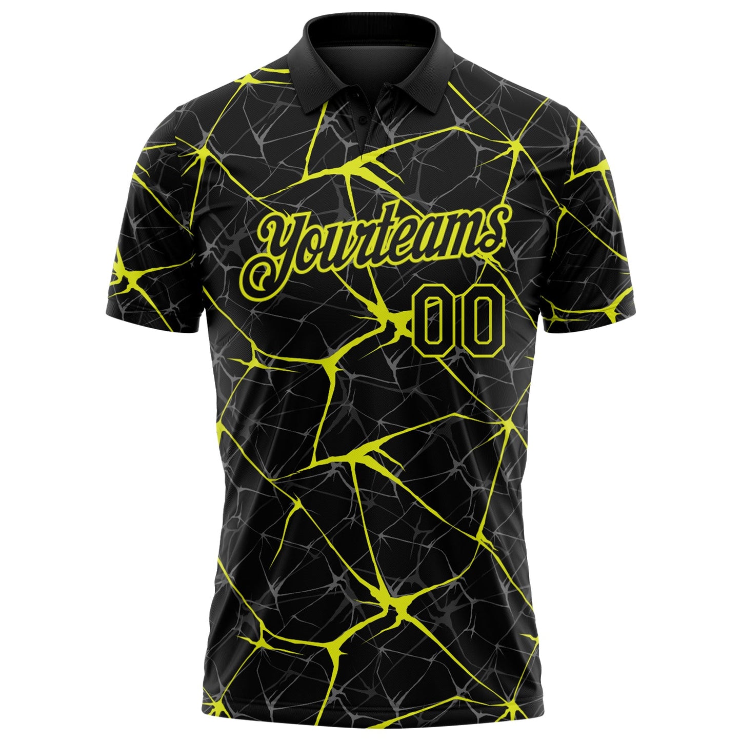 Custom Black-Neon Yellow 3D Pattern Abstract Network Crackle Performance Polo Shirt view 2