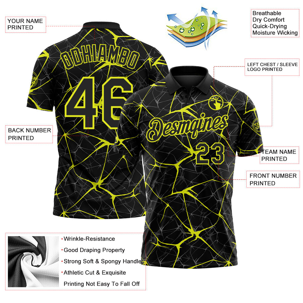 Custom Black-Neon Yellow 3D Pattern Abstract Network Crackle Performance Polo Shirt view 3