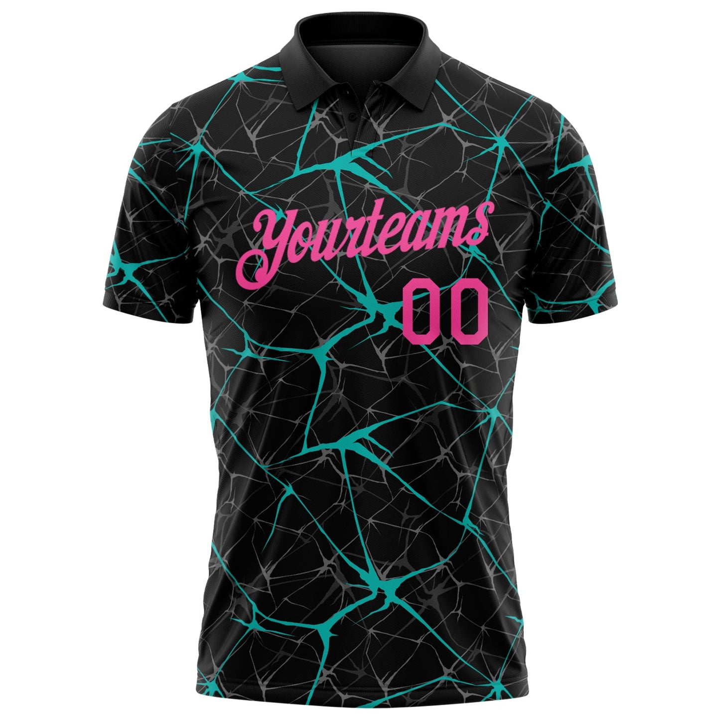 Custom Black Pink-Aqua 3D Pattern Abstract Network Crackle Performance Polo Shirt view 2