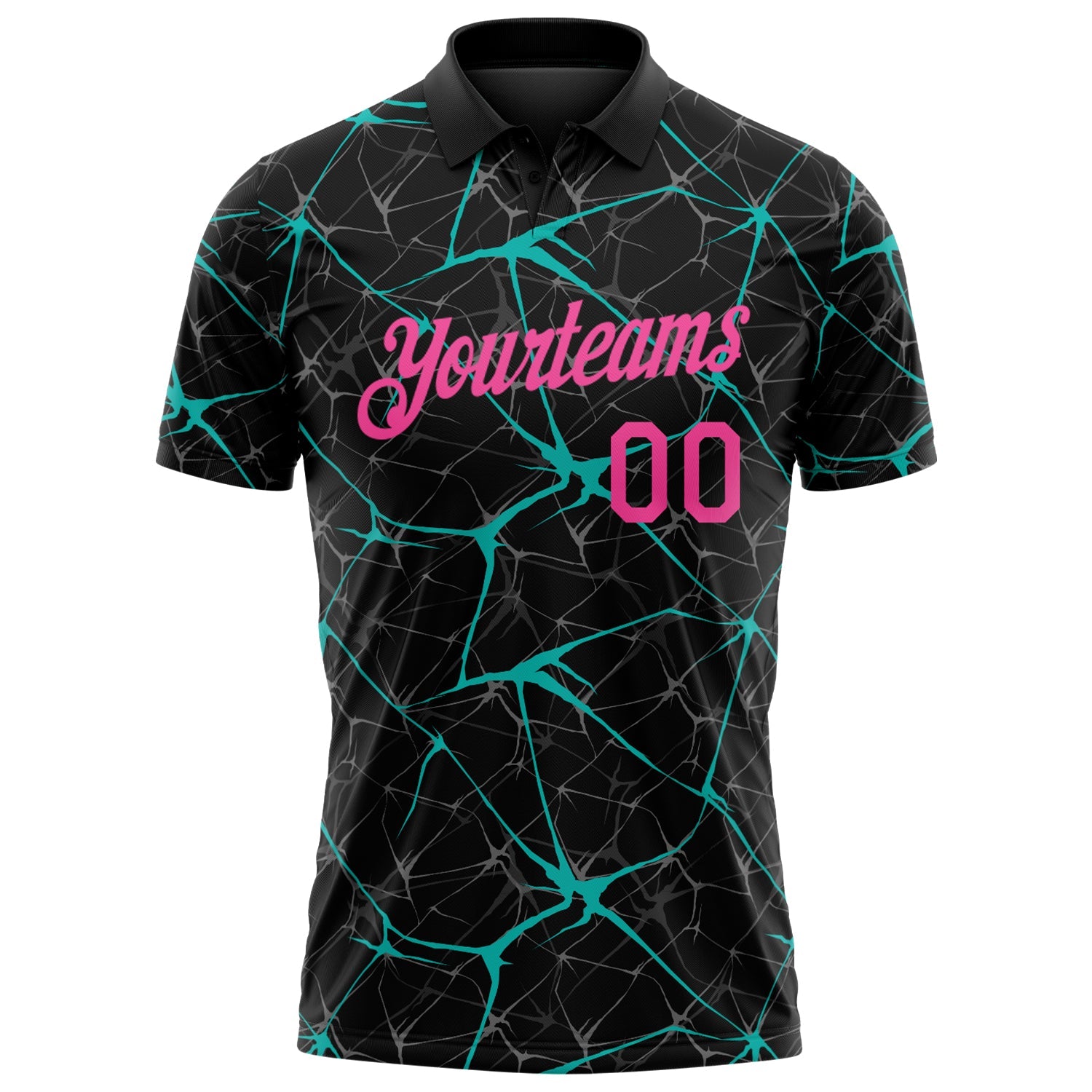 Custom Black Pink-Aqua 3D Pattern Abstract Network Crackle Performance Polo Shirt view 2