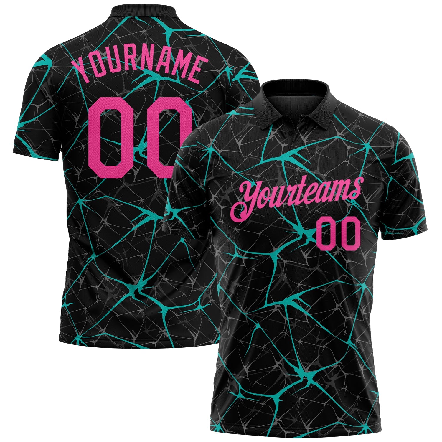 Custom Black Pink-Aqua 3D Pattern Abstract Network Crackle Performance Polo Shirt - Main View