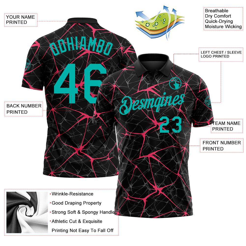 Custom Black Aqua-Neon Pink 3D Pattern Abstract Network Crackle Performance Polo Shirt view 3