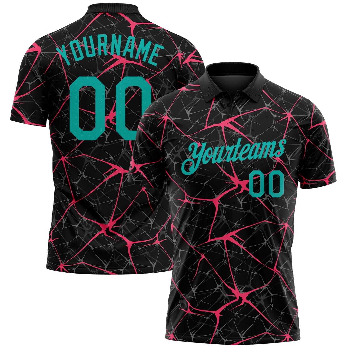 Custom Black Aqua-Neon Pink 3D Pattern Abstract Network Crackle Performance Polo Shirt - Main View