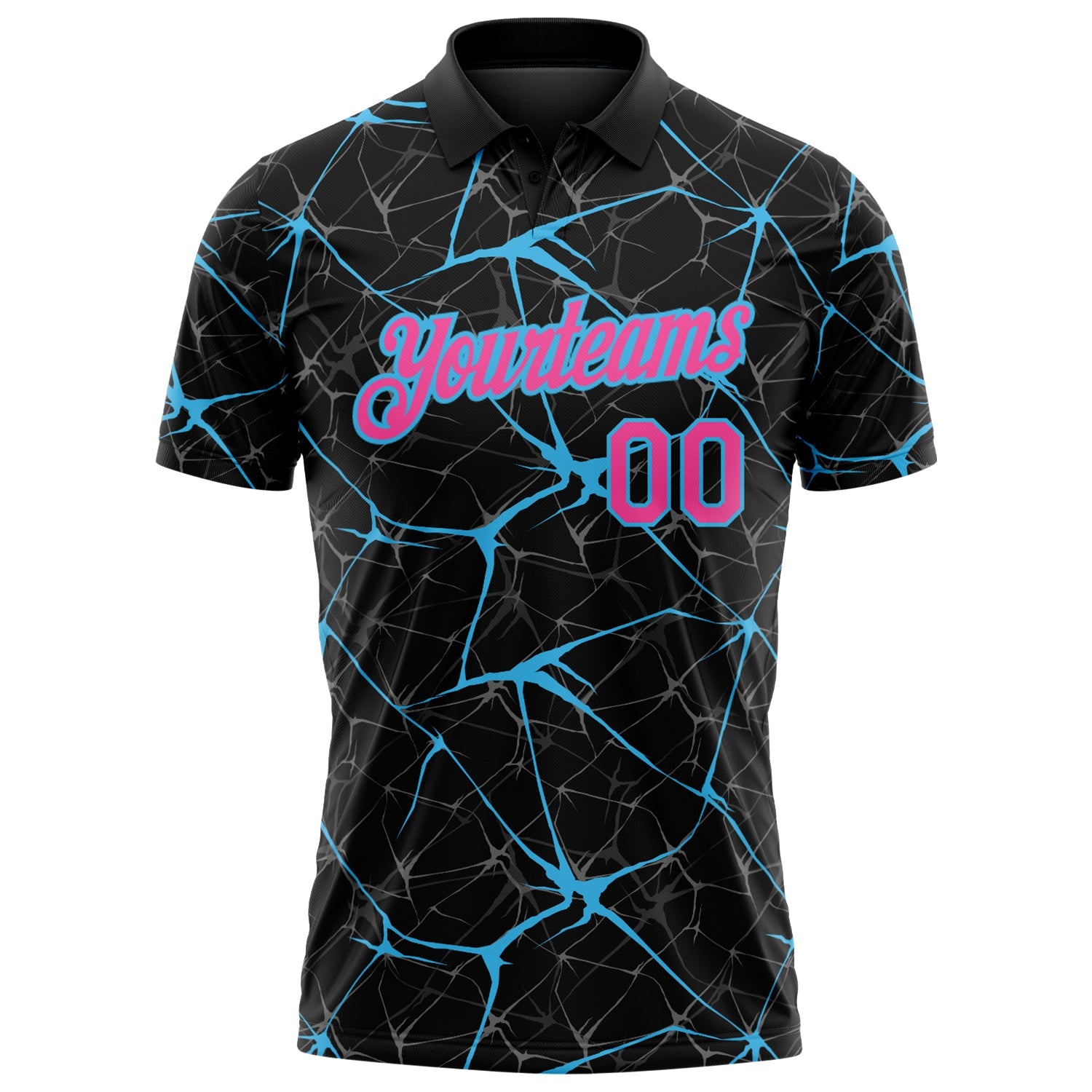 Custom Black Pink-Sky Blue 3D Pattern Abstract Network Crackle Performance Polo Shirt view 2