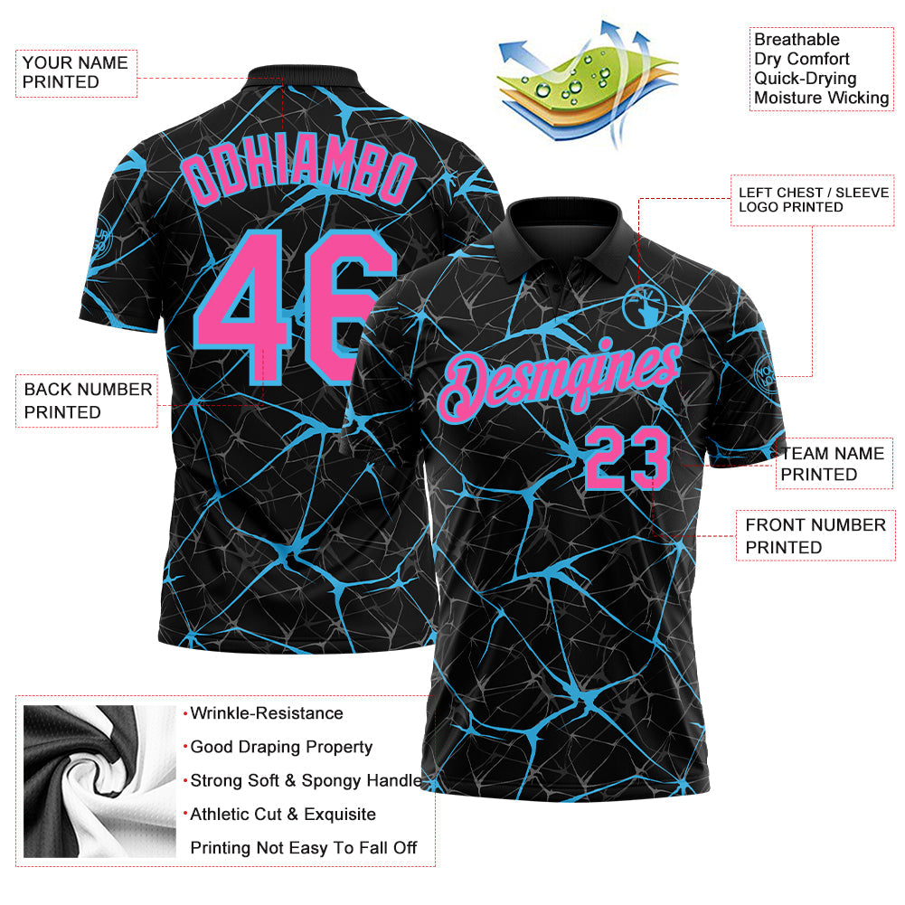 Custom Black Pink-Sky Blue 3D Pattern Abstract Network Crackle Performance Polo Shirt view 3