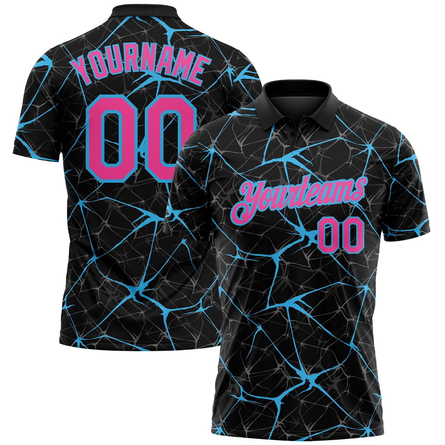 Custom Black Pink-Sky Blue 3D Pattern Abstract Network Crackle Performance Polo Shirt - Main View