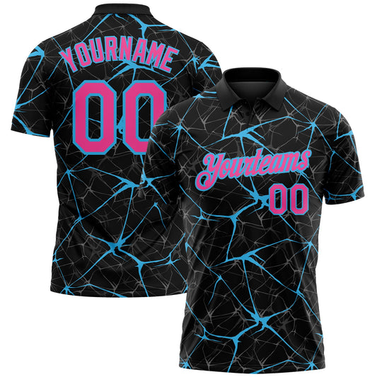 Custom Black Pink-Sky Blue 3D Pattern Abstract Network Crackle Performance Polo Shirt - Main View