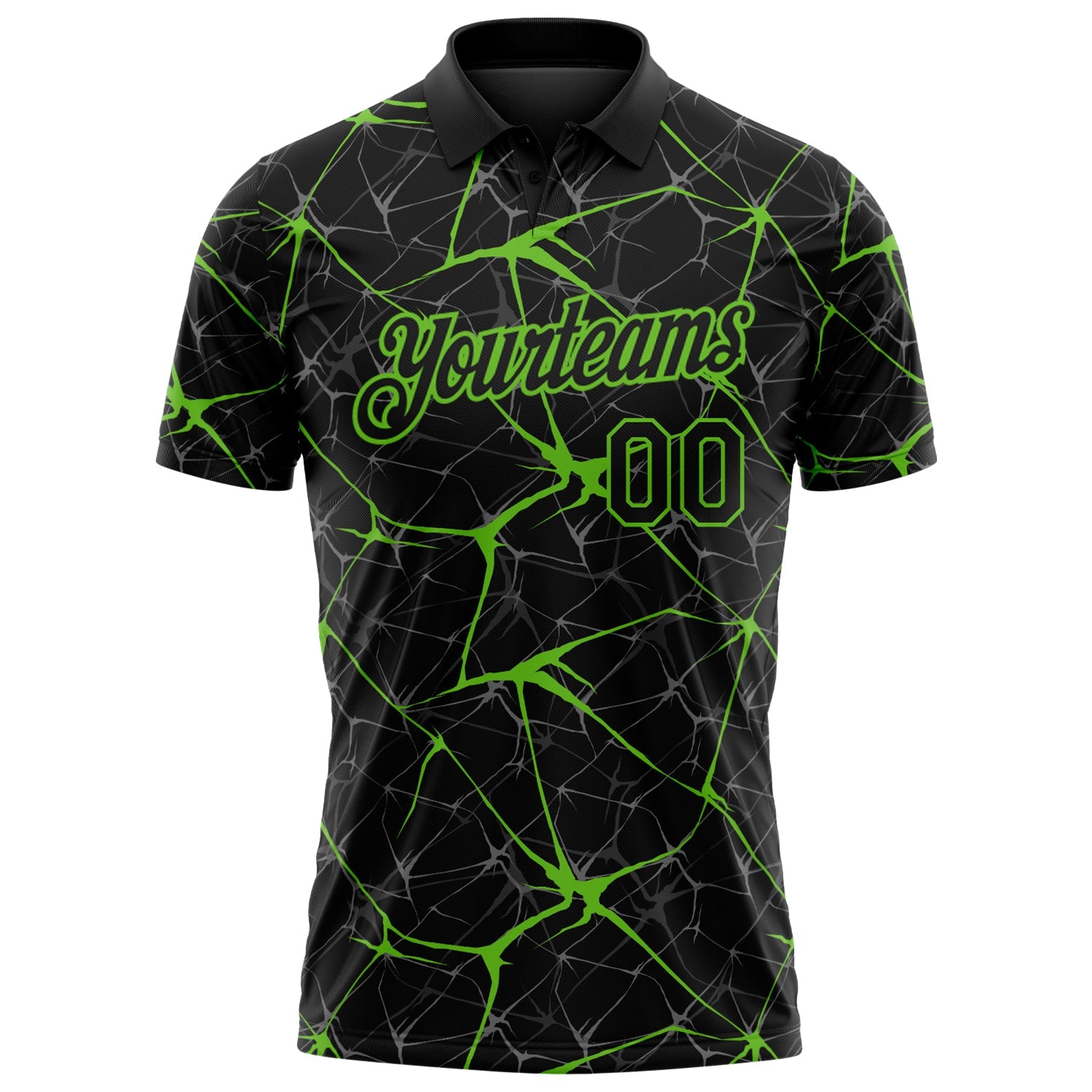 Custom Black-Aurora Green 3D Pattern Abstract Network Crackle Performance Polo Shirt view 2